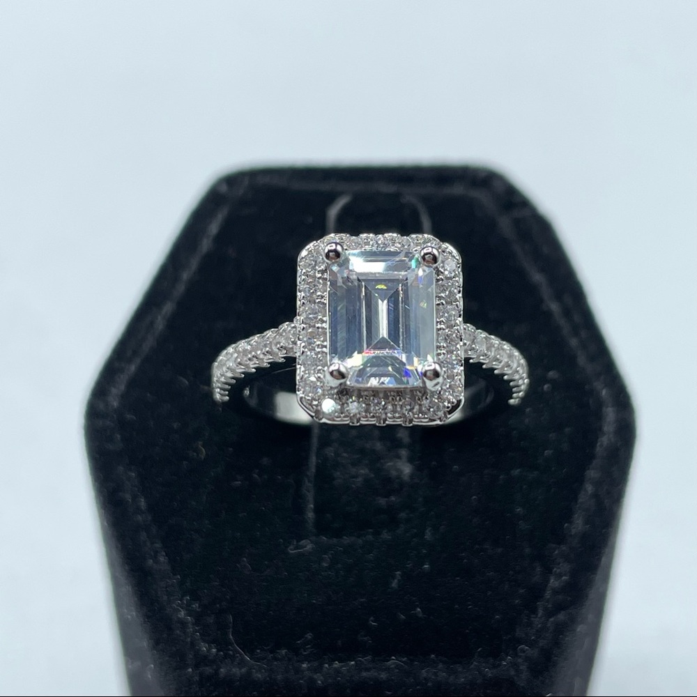 925 Sterling Silver Emerald Cut Diamond Ring 6